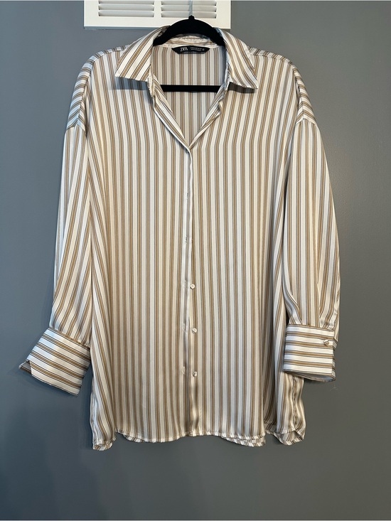 Zara Tops - Zara Vertical Stripe Silky Shirt in White and Tan